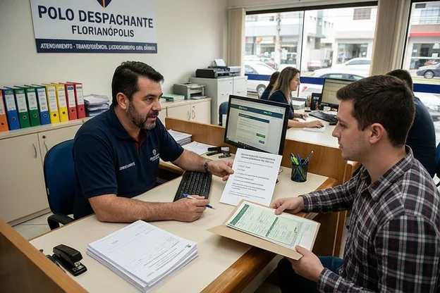 Despachante orientando cliente sobre transferência de veículo em Florianópolis.