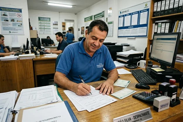 Despachante preenchendo documentos de licenciamento de veículo em Florianópolis.